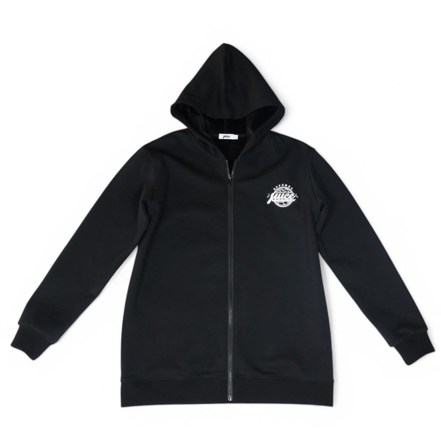 Black hoodie with a white juice logo chest on a white background